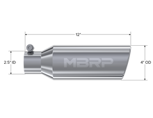 Load image into Gallery viewer, MBRP Universal Tip 4in OD 2.5in Inlet 12in Length Angled Cut Rolled End Clampless No-Weld T304