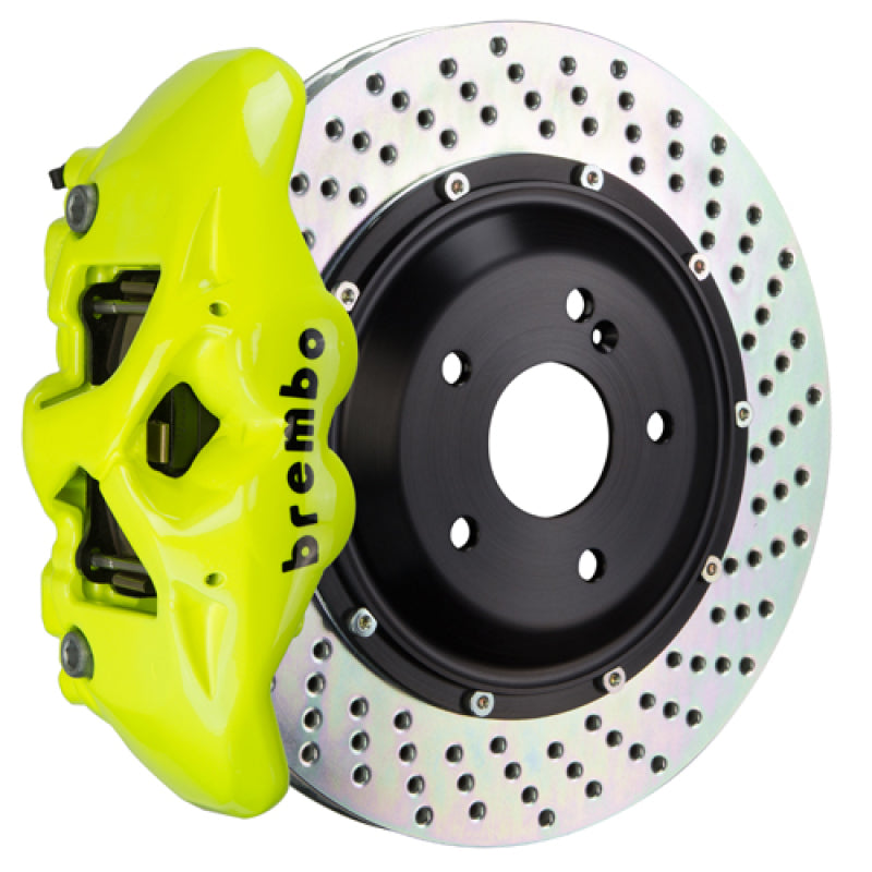 Brembo 17-23 530i/530i xDrive Fr GT BBK 6Pis Cast 380x34 2pc Rotor Drilled-Fluo. Yellow