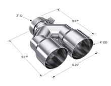 Load image into Gallery viewer, MBRP 3in ID / Dual 4in OD Out Staggered L 9.37in / R 9.87in Single Wall T304 SS Univ Exhaust Tip