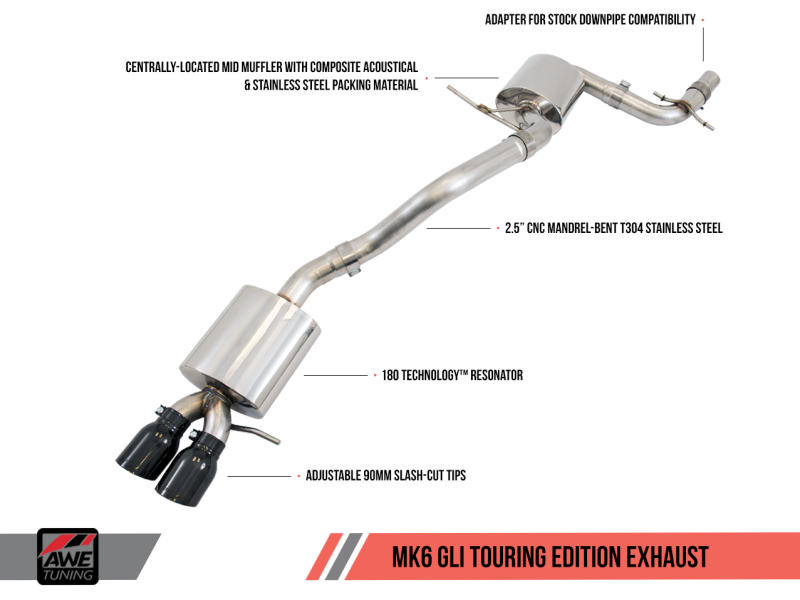 AWE Tuning Mk6 GLI 2.0T - Mk6 Jetta 1.8T Touring Edition Exhaust - Diamond Black Tips