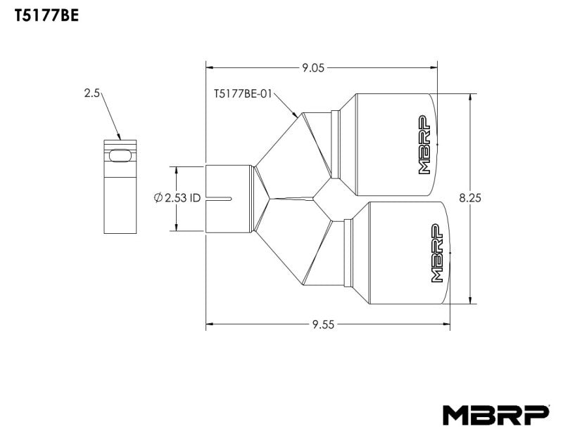 MBRP Burnt End Tip 2.5 ID Dual 4 OD Out 9.55 length Single wall 304 Stainless Steel Pass Side