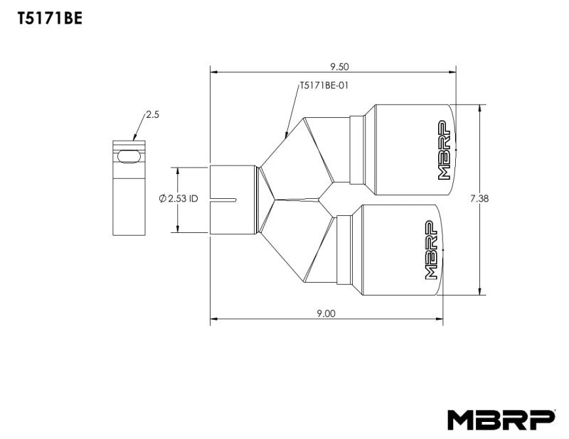 MBRP Burnt End Tip 2.5 ID, Dual 3.5 OD Out, 9.5 length, Single wall 304 Stainless Steel