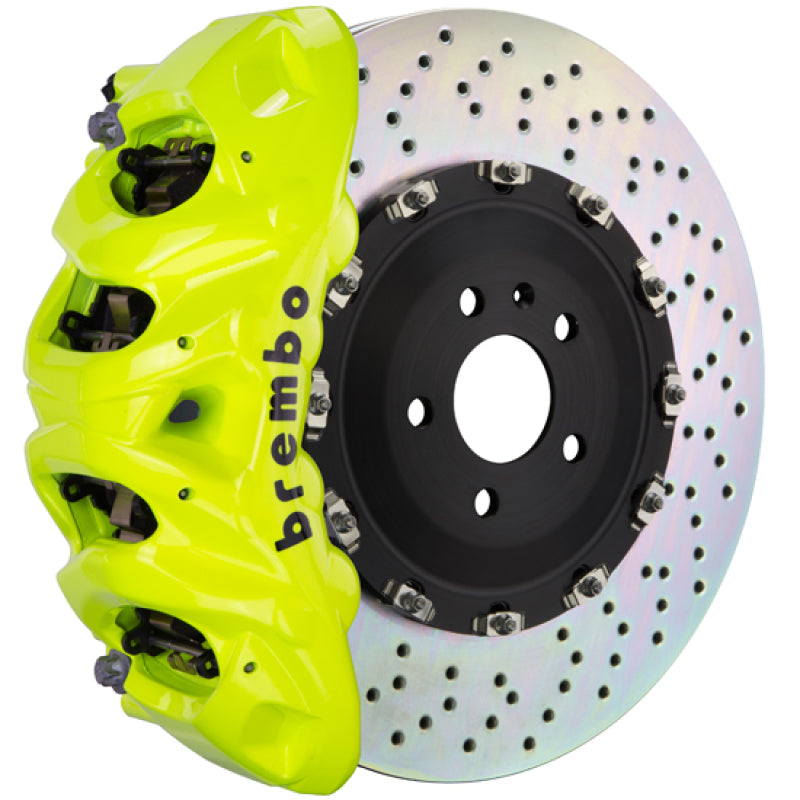 Brembo 14+ Model S AWD w/ DC (Excl Plaid) Fr GT BBK 8Pis Cast 412x38 2pc Rtr Drill-Fluo. Yellow